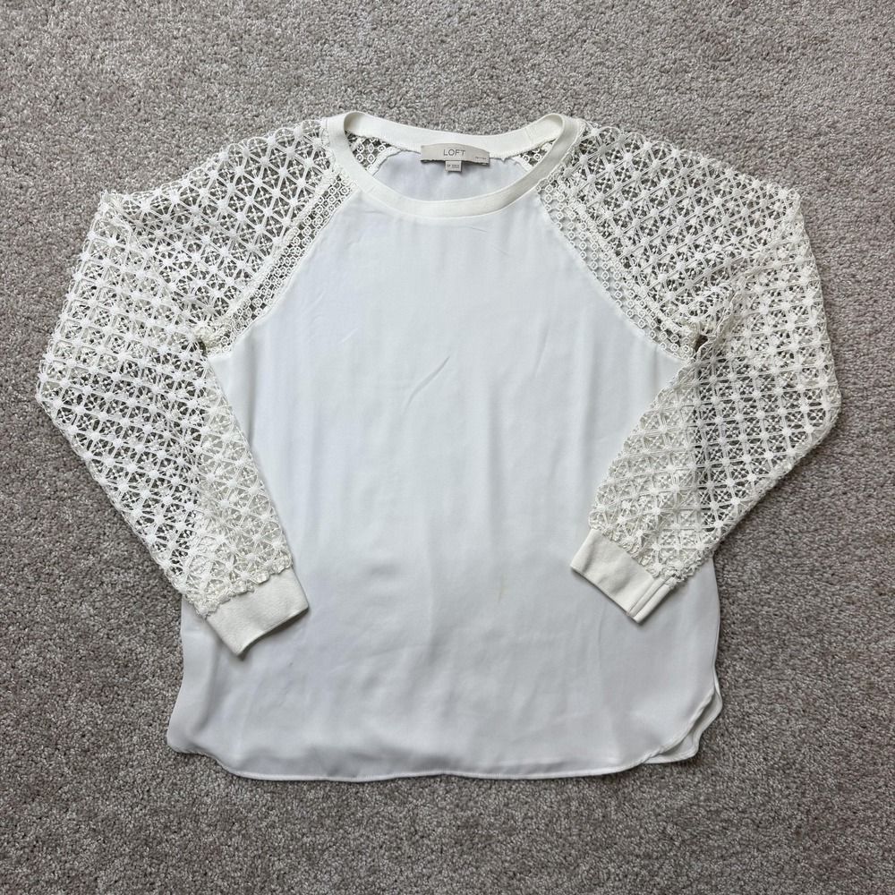 LOFT Petites Blouse Womens Petite Small White Lace Raglan Sleeve Sheer Top